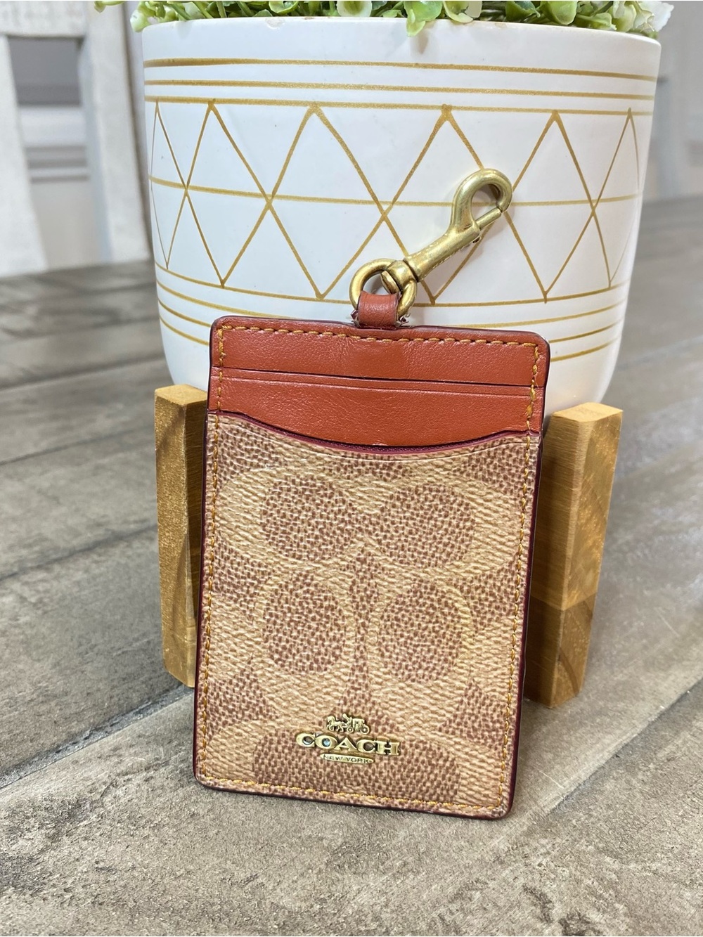 COACH Signature Canvas ID Badge Lanyard Card Case Khaki Terracotta Brown